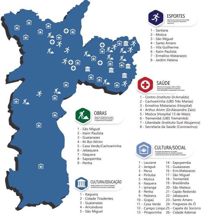 Mapa da cidade de São Paulo com os ícones das regiões que receberam emendas da candidata